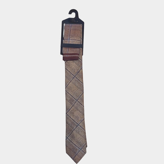 Beige Plaid Tie and Pocket Square Set for Sustainable Style