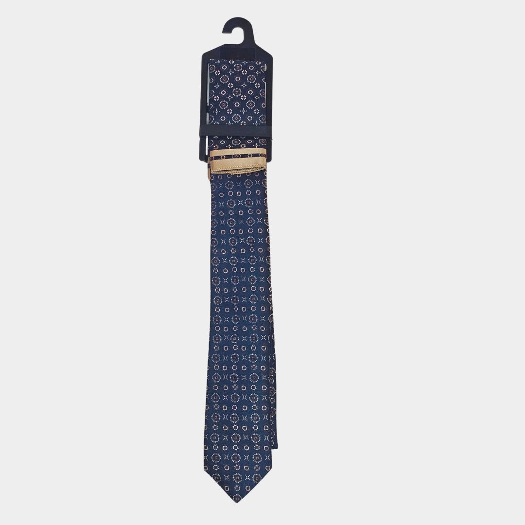 Gold/Blue Design Tie and Pocket Square Set