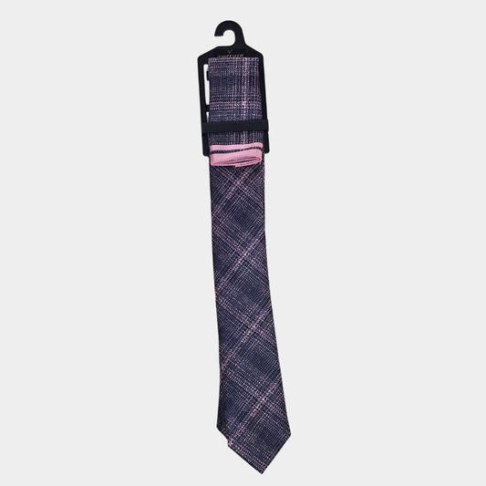 Plaid tie with pink accent on a hanger against a light gray background