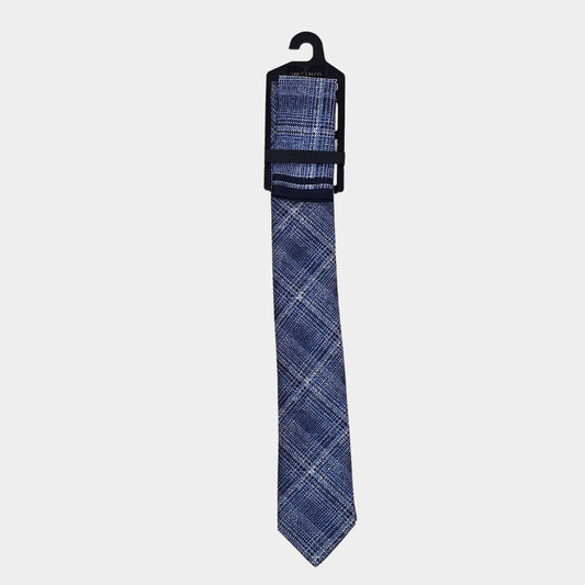 Blue plaid tie on a hanger against a white background