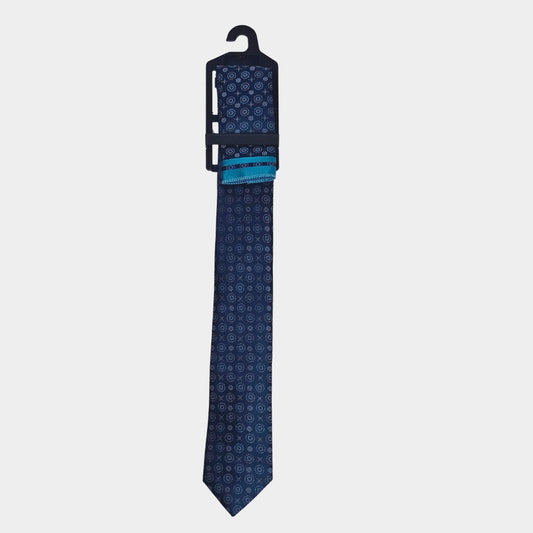 Navy blue patterned tie on a white background