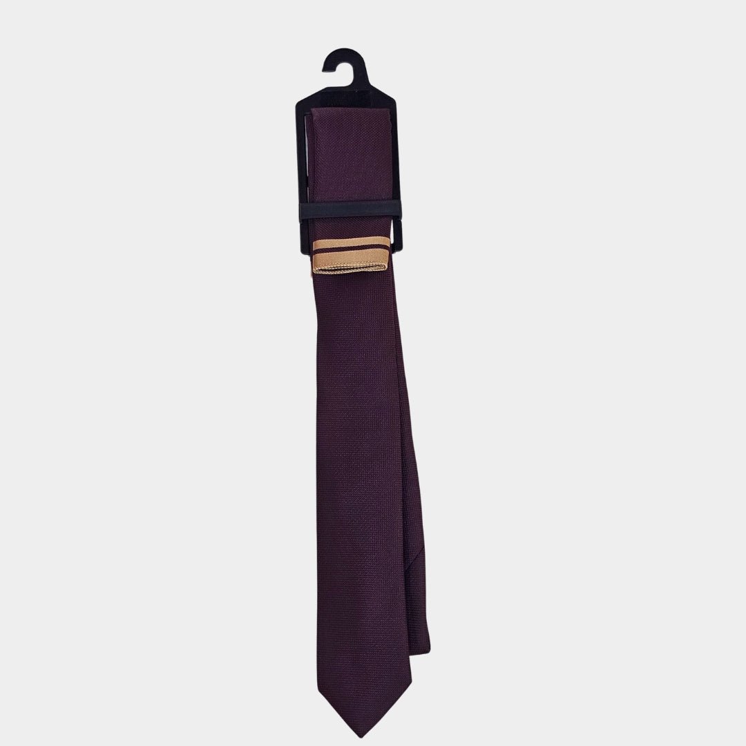 Cream/Aubergine Tie and Pocket Square Set - THEGENTSEDIT